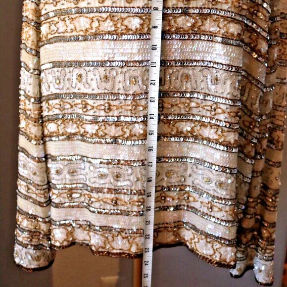 80s Evening Jacket Beads Sequins 100% Silk Ivory Gold Women's - Picture 16 of 16